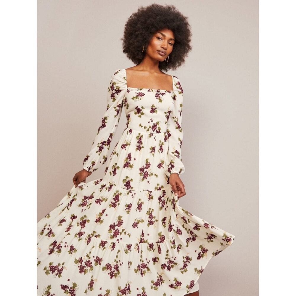 Reformation Floral Midi Dress in Cream and Purple